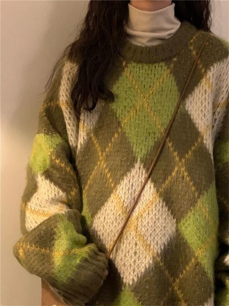 Pull Baggy Rétro Vert pour Femme, Vêtement Confortable et Minimaliste, Style BF, Argyle, Décontracté