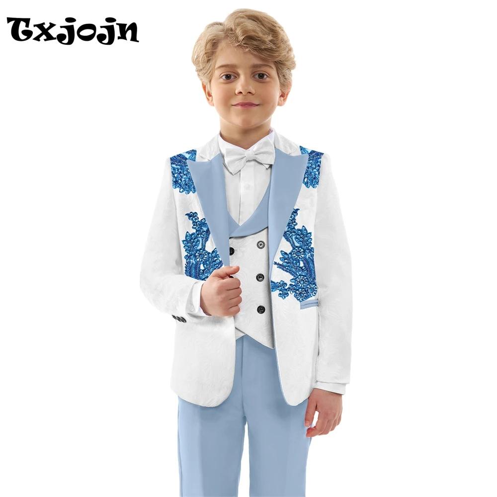 Costumes Jacquard pour garçons, 4 pièces, tenue porteur d'anneau de mariage, ensemble de costume exq