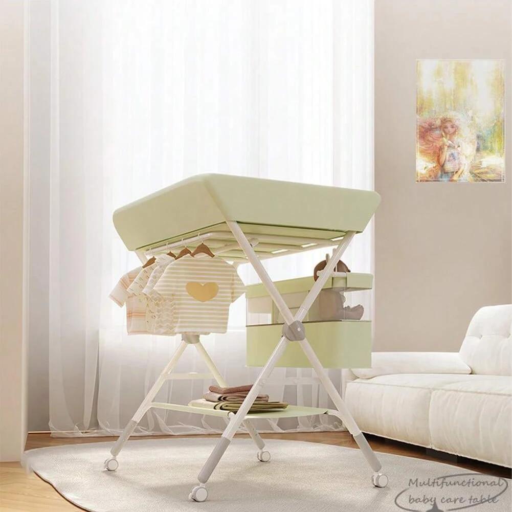Table à langer bébé avec roulettes, station à couches pliable réglable en hauteur, portable, avec or