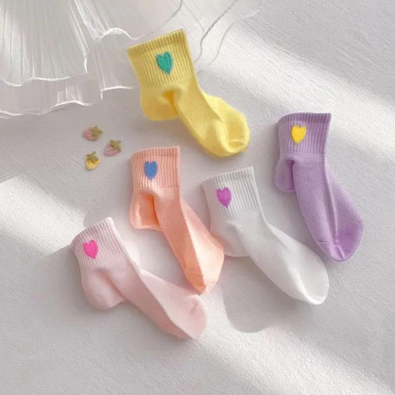 5 paires de chaussettes pour filles, motif en forme de cœur, maille respirante et confortable pour e