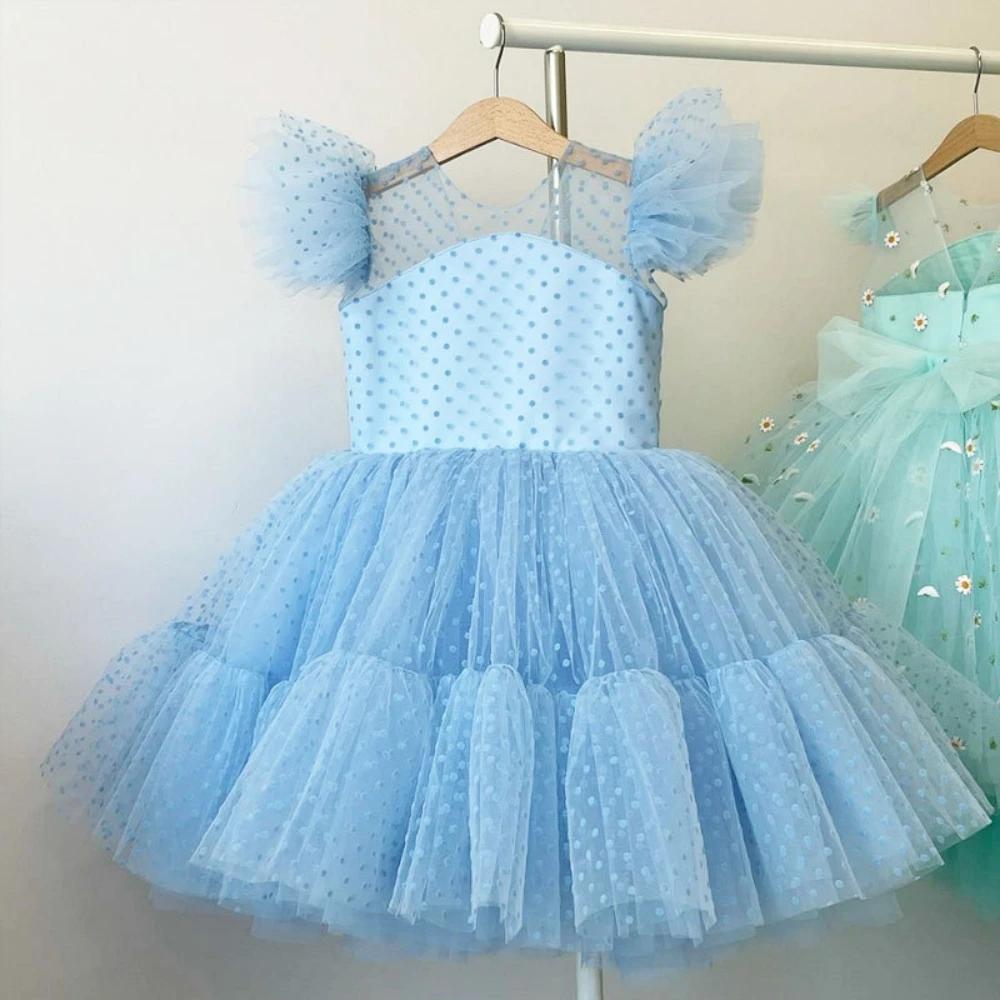 Robes de mariée à fleurs pour filles, bleu ciel, élégantes, col rond, sans manches, à pois, en dente