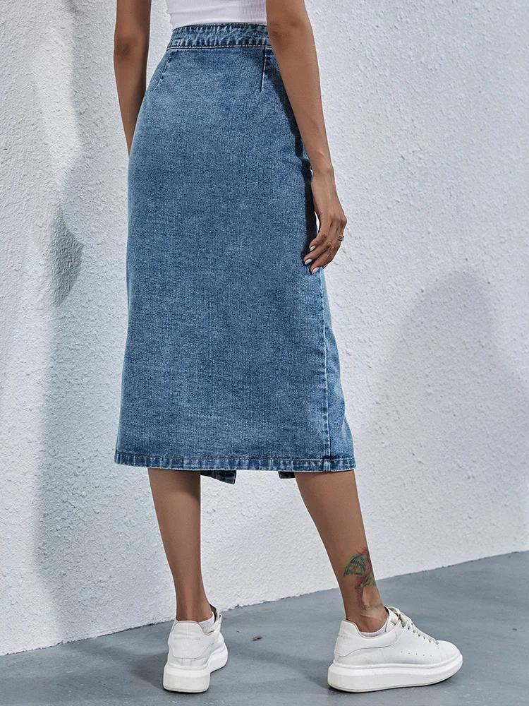 Benuynffy-Jupe en jean droite à boutonnage simple pour femme, longueur au genou, streetwear décontra