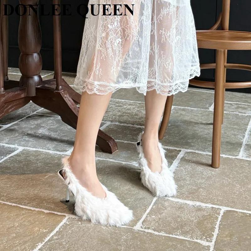 Sandales pointues à bride arrière pour femmes, chaussures à talons hauts, conception de fourrure à e