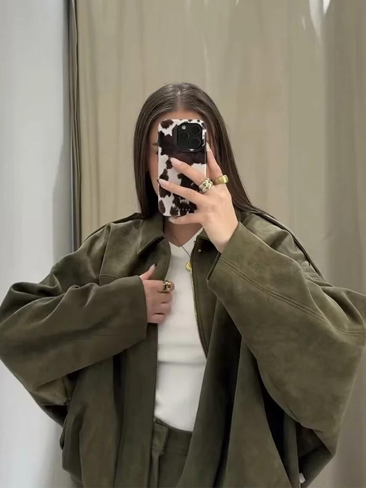 Veste en daim vert pour femmes, nouvelle mode printemps 2026, manches longues, fermeture éclair, sur