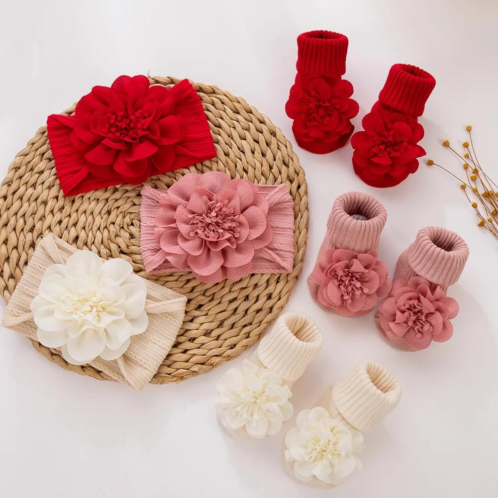3 pièces/ensemble dentelle fleur bébé bandeaux chaussettes coton antidérapant cheville 0-12M bas lar