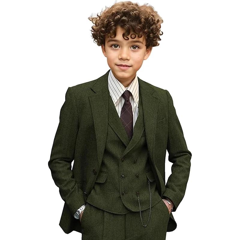Ensemble de costume trois pièces vert foncé pour garçons, avec col à revers, ensemble de costume de 
