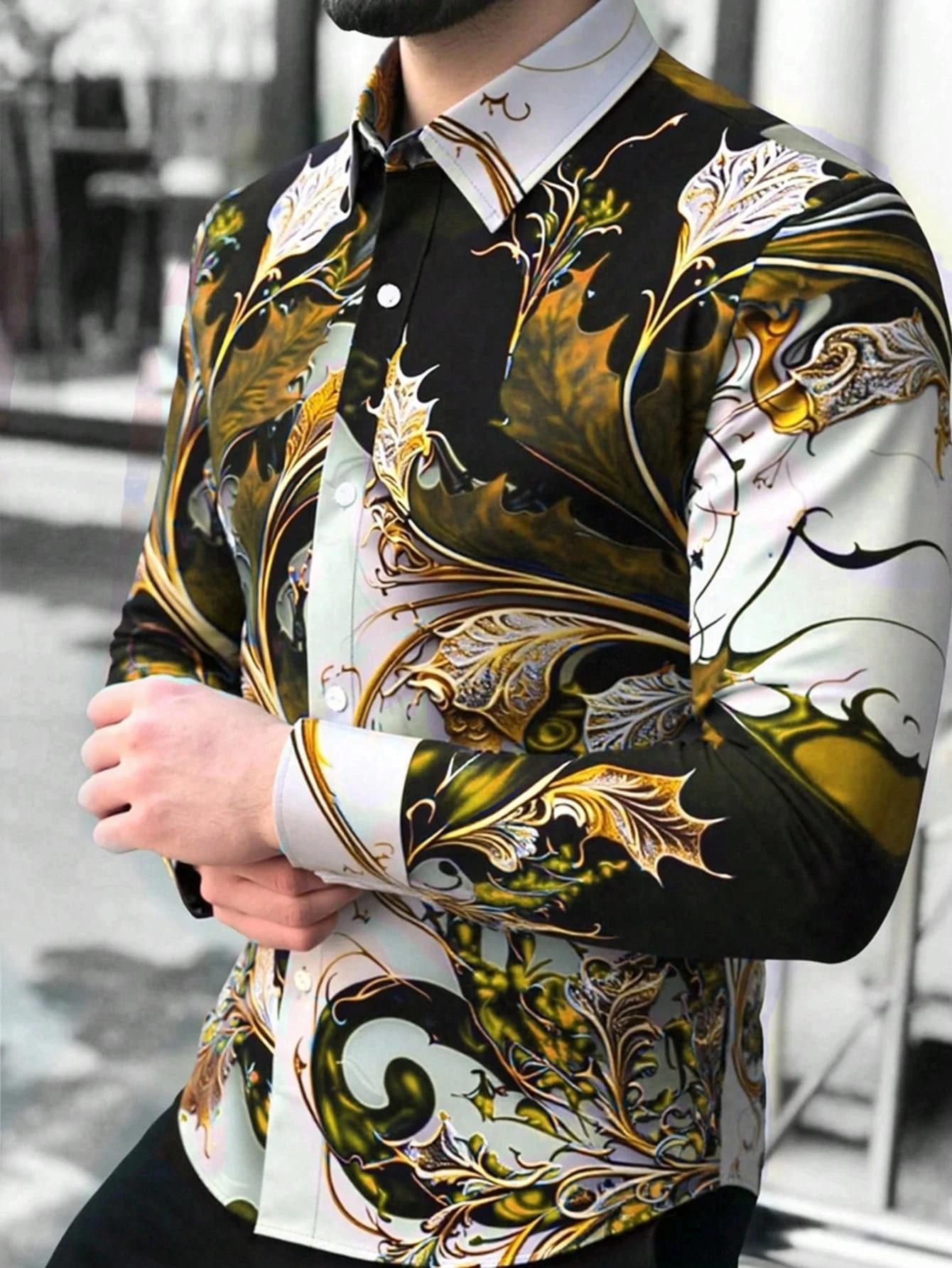 Chemise boutonnée décontractée à motifs géométriques pour hommes – Mélange de polyester, col à rever