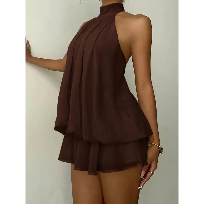 Robe mini élégante en mousseline de soie à col halter sans manches et à volants superposés pour femm