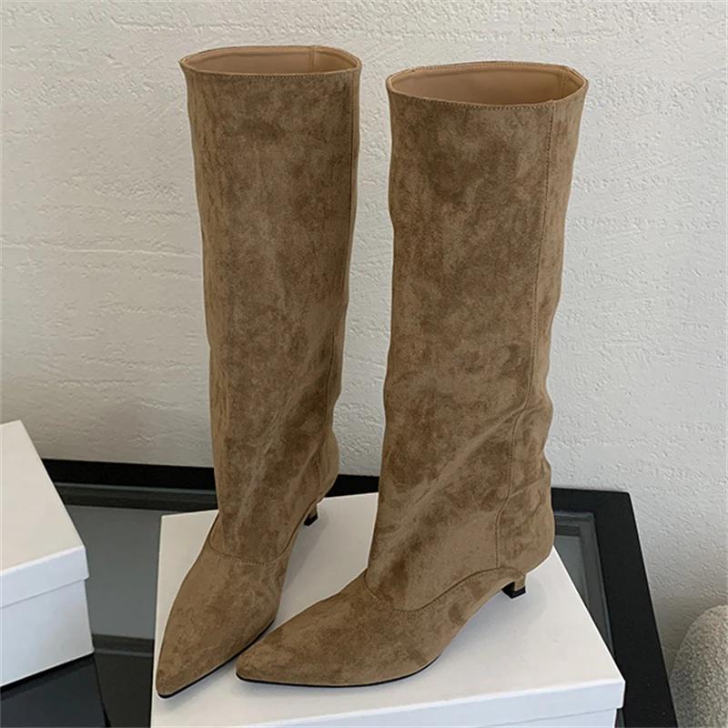 Automne hiver Style De rue bout pointu bottes hautes femmes talons bas chaussures femme chaussons lo