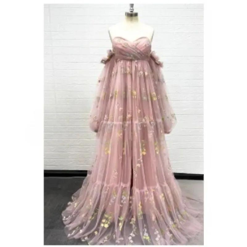 Robe de soirée de maternité sexy – Robe de soirée à fente haute avec broderie florale et manches bou