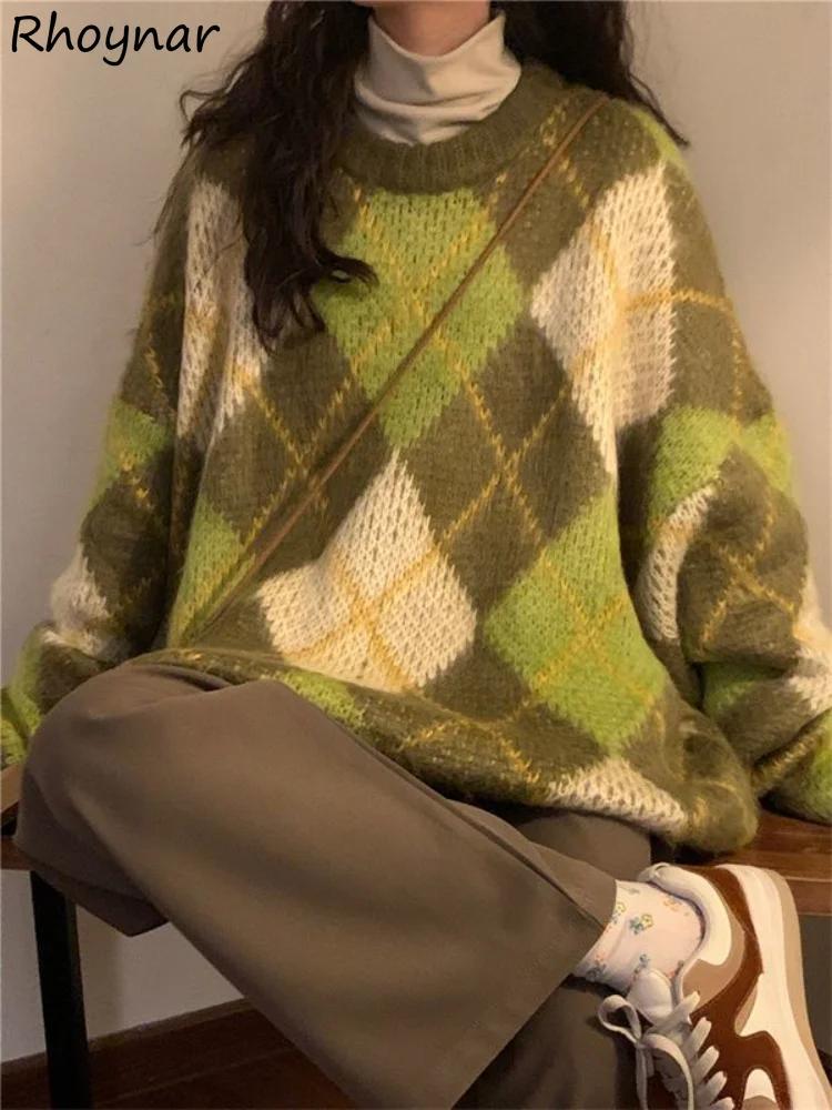 Pull Baggy Rétro Vert pour Femme, Vêtement Confortable et Minimaliste, Style BF, Argyle, Décontracté