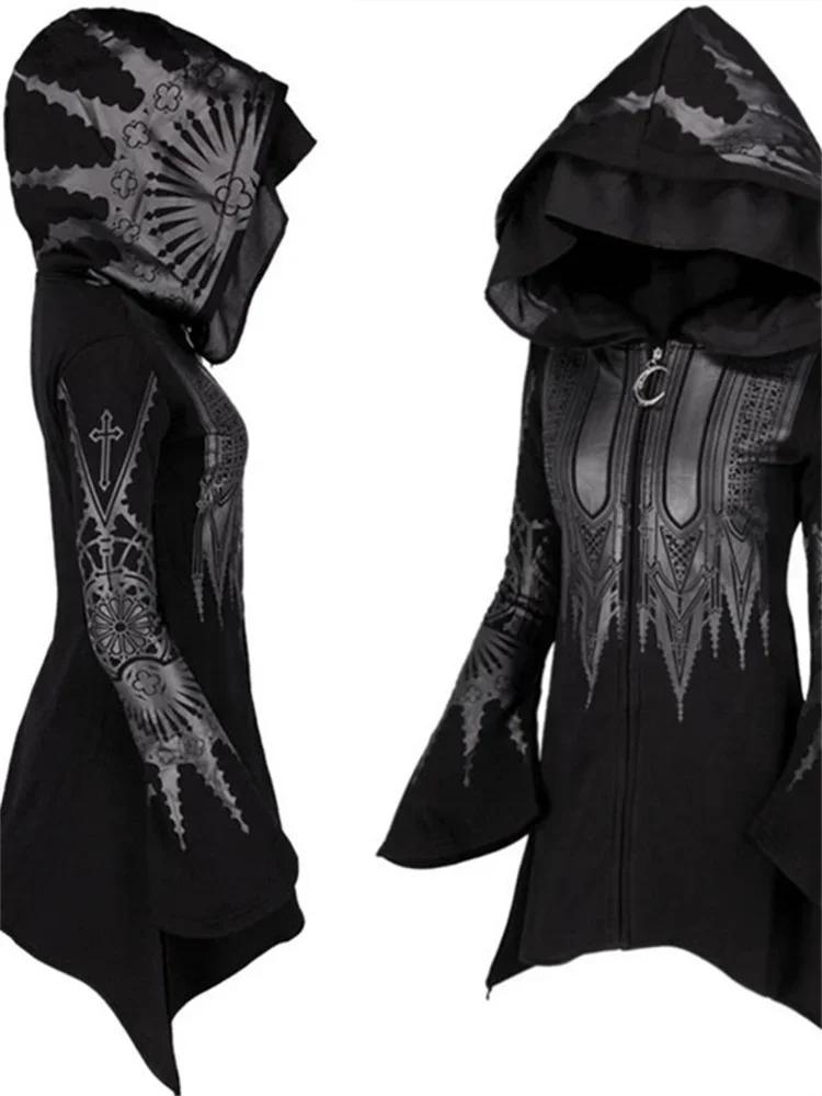 Street Goth Style Punk noir Long haut à capuche Harajuku rétro foncé Grunge Y2K imprimer sweats 2022