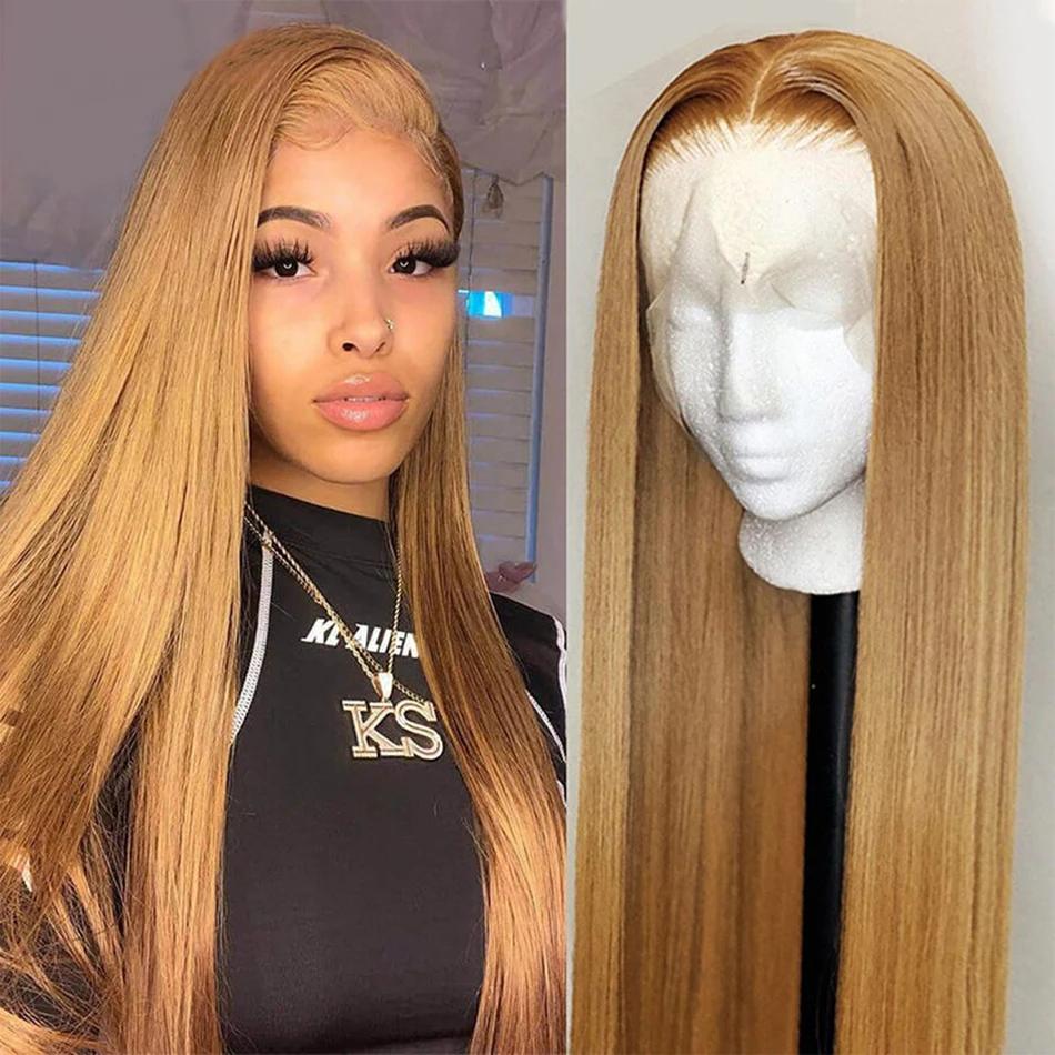 27 #   Perruque frontale de cheveux humains de couleur blond miel droite 180% 13x6 HD perruque de ch