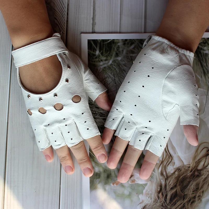 Gants de conduite demi-doigt en cuir pour femmes, évider à la mode, gants de moto minces, gants cour