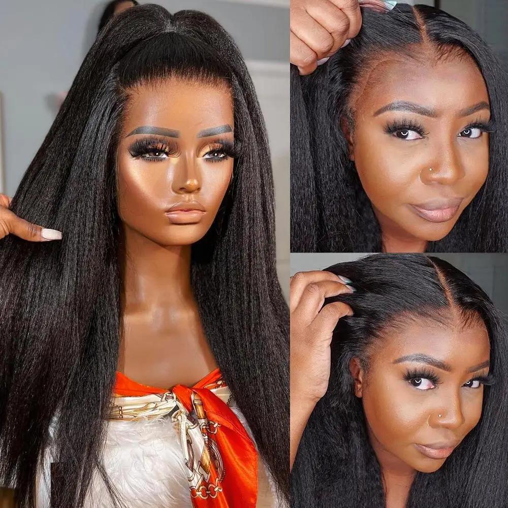 Kinky Straight Lace Frmeds Wig, Go Glueless Wig, Yaki Straight Human Hair Wig, Pre Plucked, 6x4 HD L