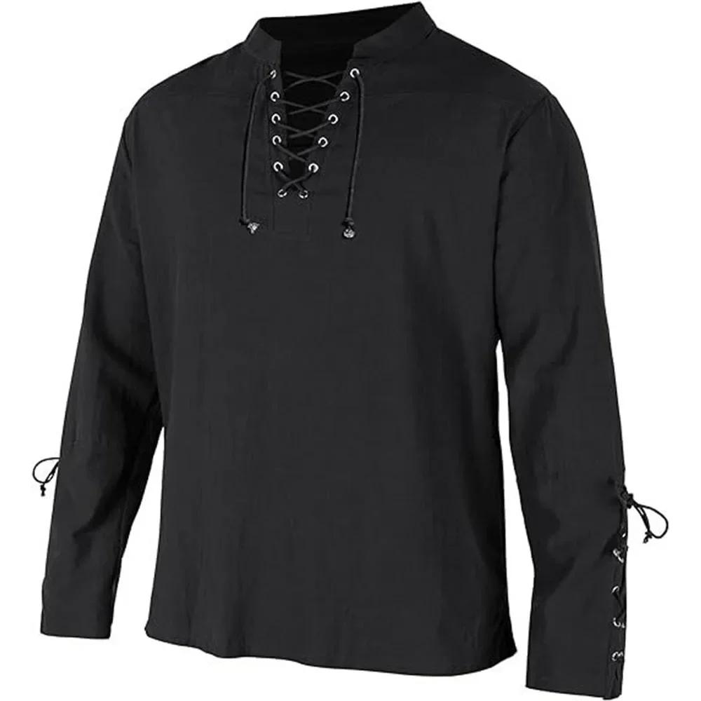 Chemises à manches longues pour hommes, à lacets, col en v, manchette, Pirate médiéval, Streetwear, 