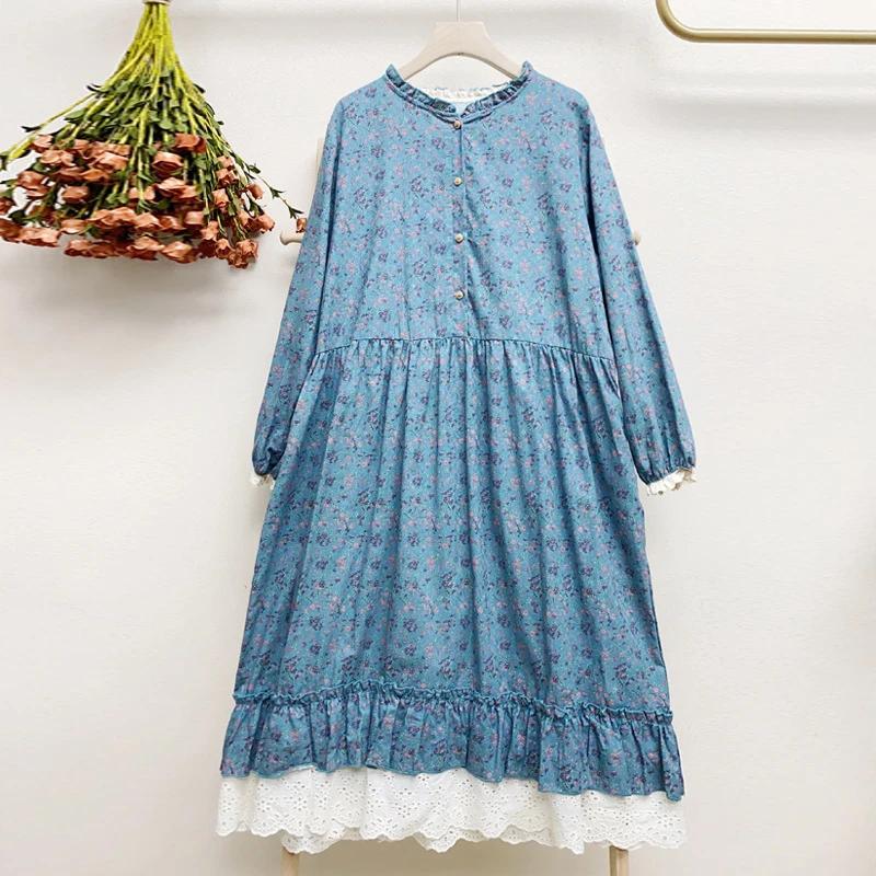 JohmobJapanese-Robe vintage en coton et lin pour femme, imprimé patchwork, en dentelle, avec poches,