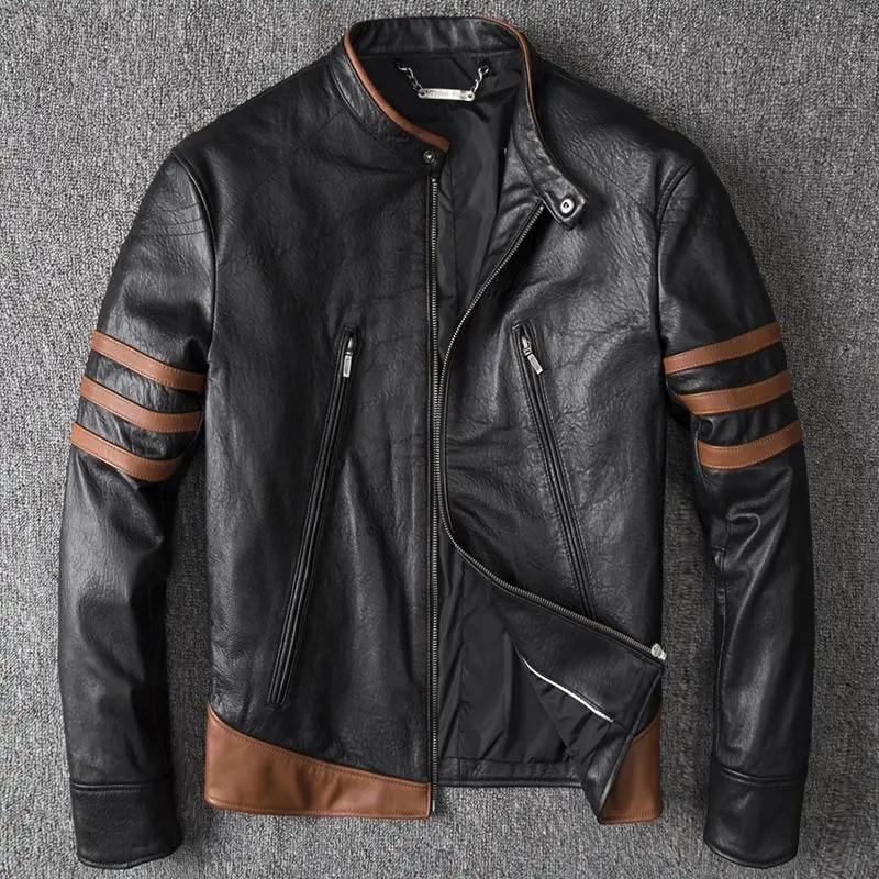 Veste de moto en cuir véritable pour hommes, manteau en peau de mouton, style court, printemps et au