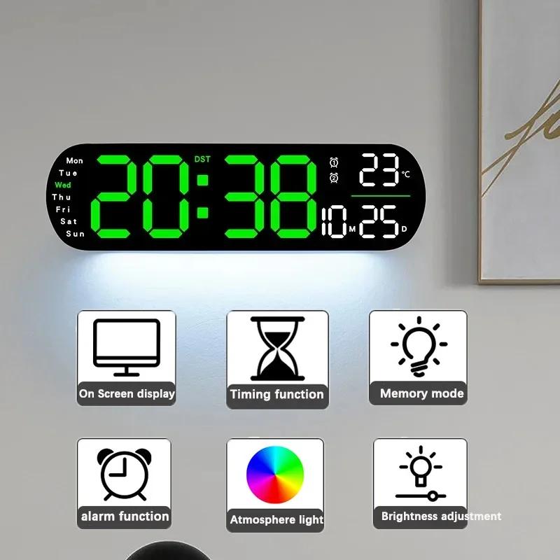 Horloge murale numérique grand écran LED affichage de la température et de l'humidité réveil électro