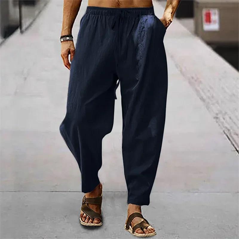 2025 hommes coton lin pantalon été et automne solide taille haute pantalon à jambes larges mâle lâch