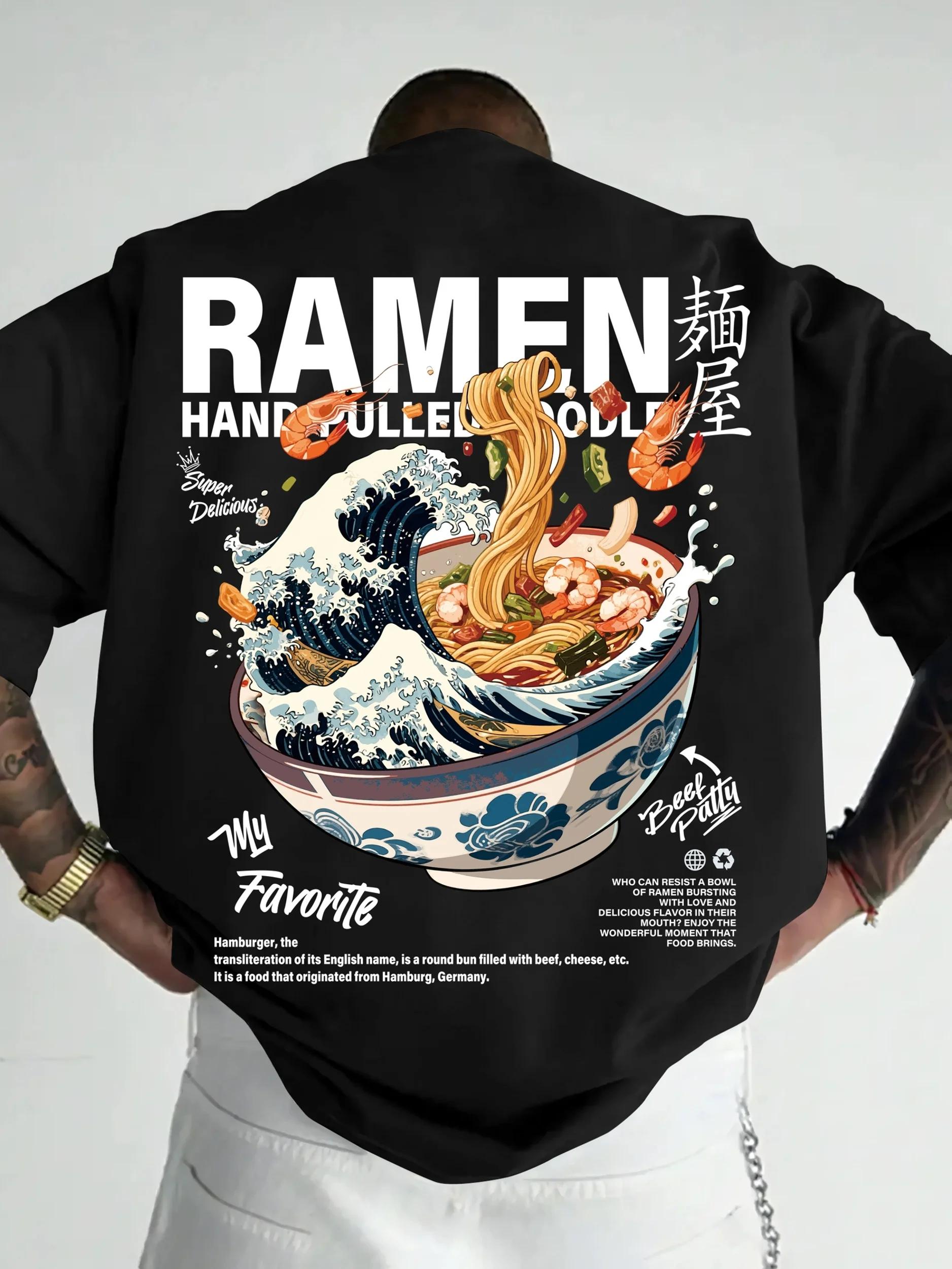 T-shirt décontracté pour homme, style streetwear, motif vagues japonaises et ramen, idéal pour le qu