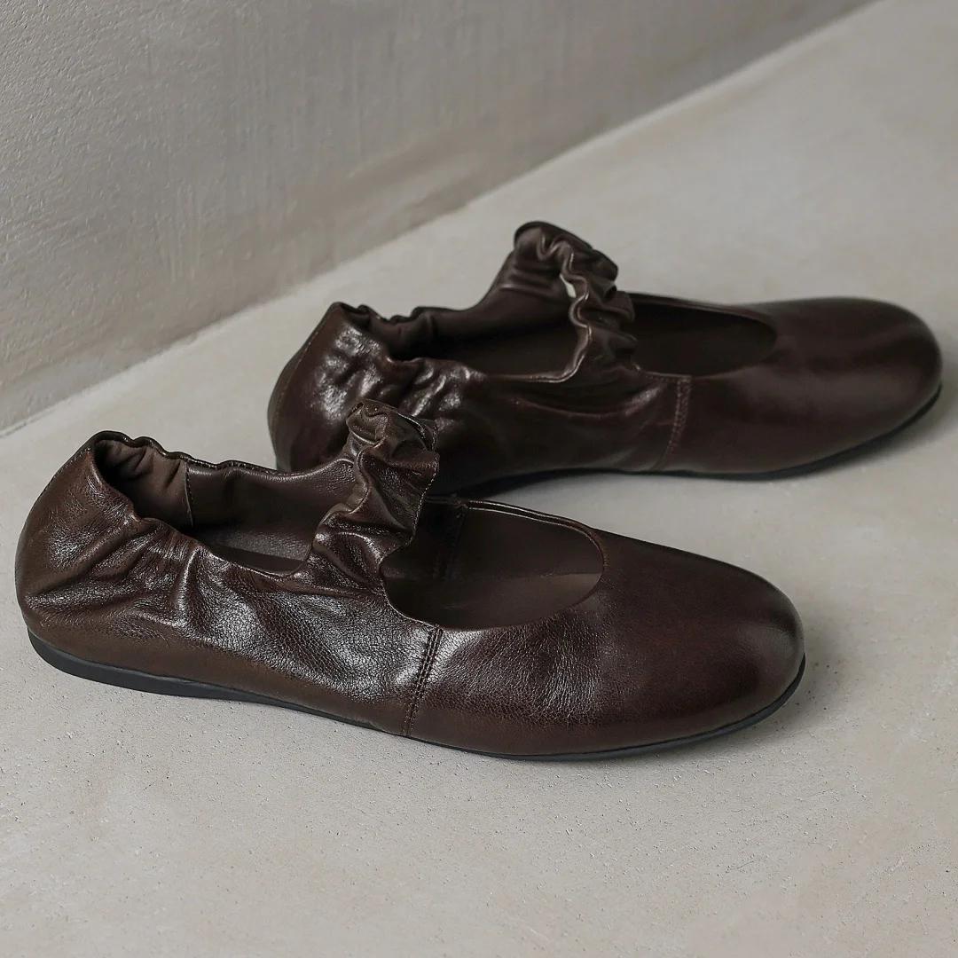 Ballerines à enfiler à bande étroite élastique en peau de mouton pour femmes, bout rond, ballerines 