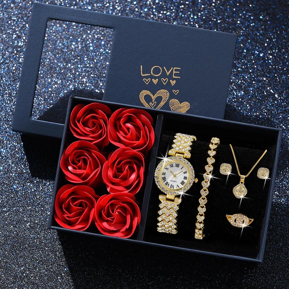 Mode luxe femmes or montre Bracelet collier 6 pièces ensemble dames diamant Quartz montre-Bracelet s