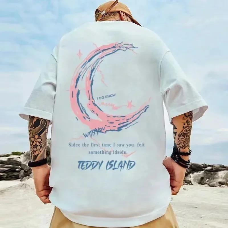Hommes surdimensionné 8XL T-shirt mode ample américain Vintage rose croissant imprimé à manches cour