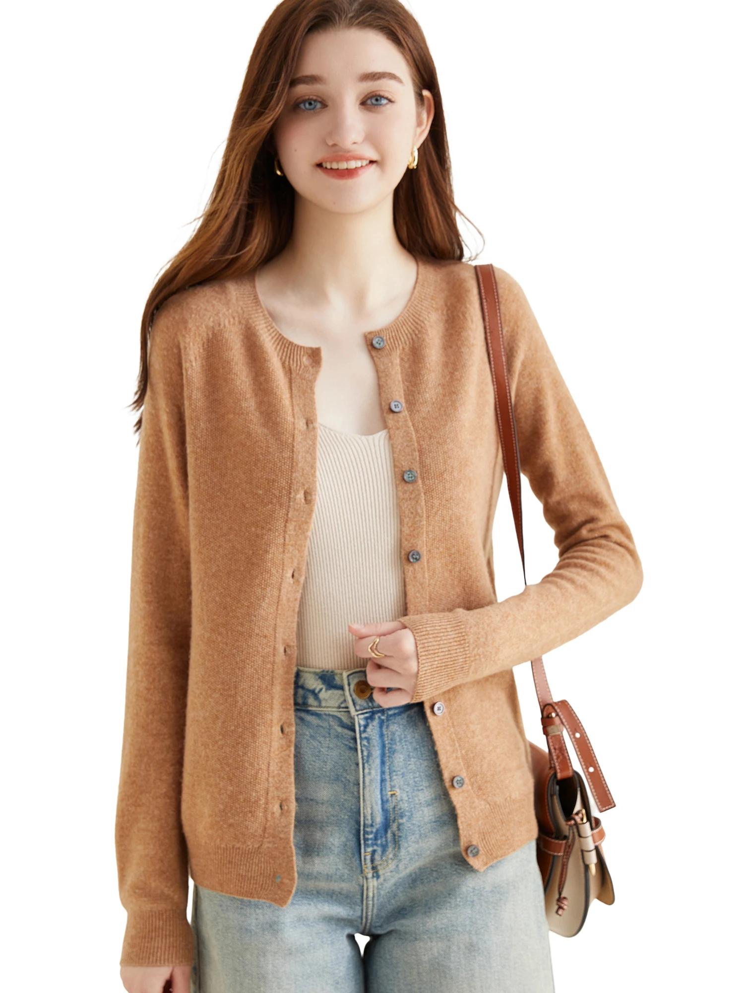 Cardigan en tricot pour femmes, pull à manches longues, haut 100% laine, manteau Vintage, veste en t