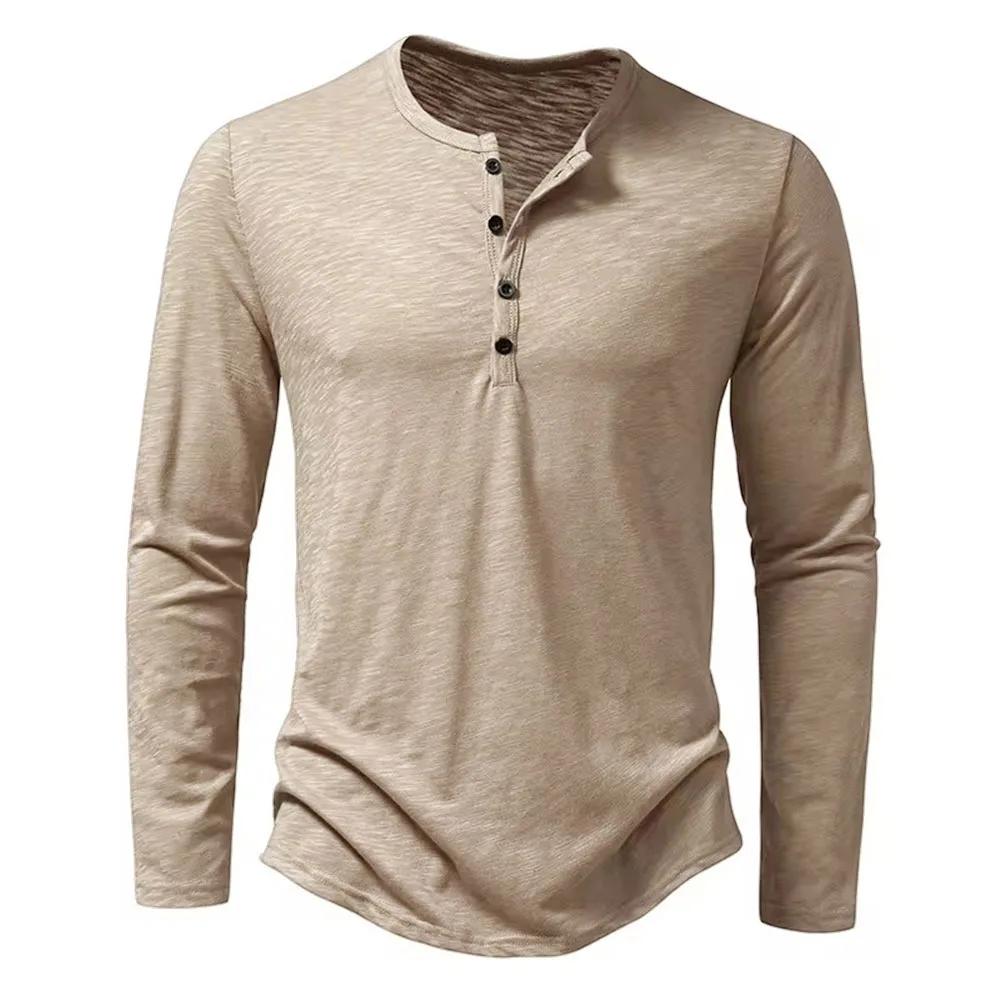 T-Shirt à Manches sulfet Col Henley en Coton pour Homme, Décontracté, Solide, Respirant, Polyvalent,