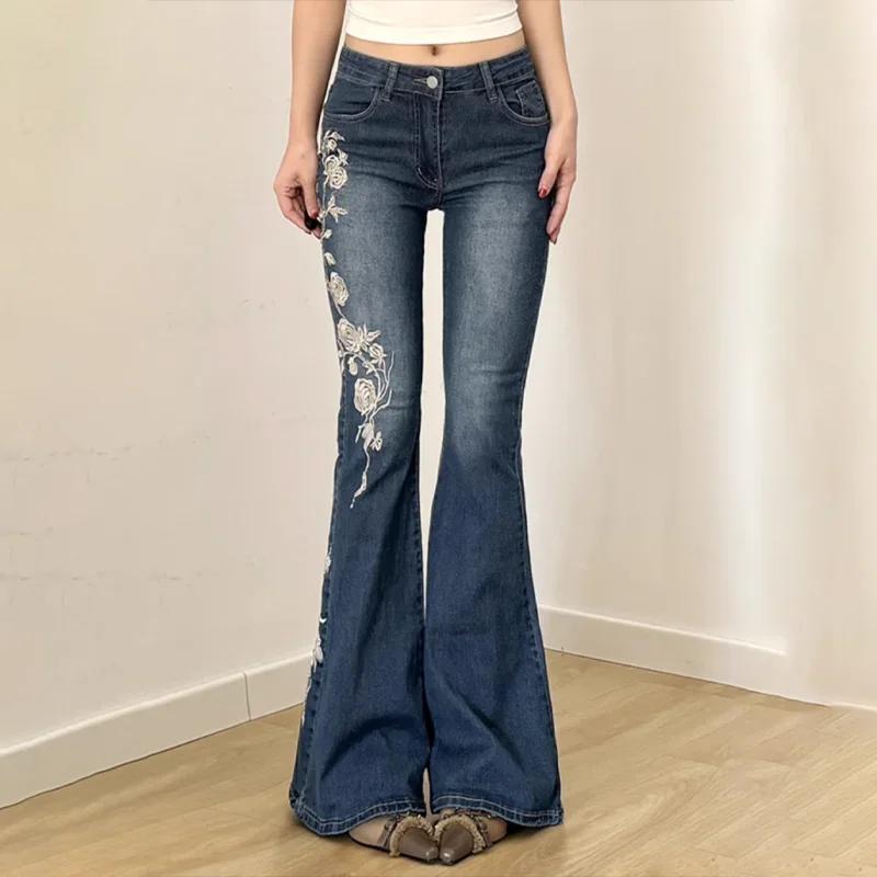 Jeans rétro Y2K, jeans baggy à broderies florales, jeans vintage pour femmes des années 2000, pantal