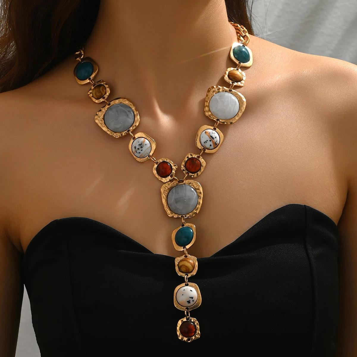 Collier Long Vintage exagéré en forme de Y pour femmes, élégant, épais, pendentif géométrique, style