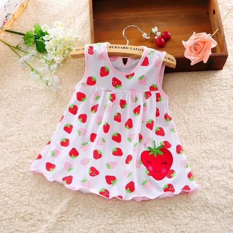 Robes d'été pour bébés filles, en coton, sans manches, imprimé + broderie