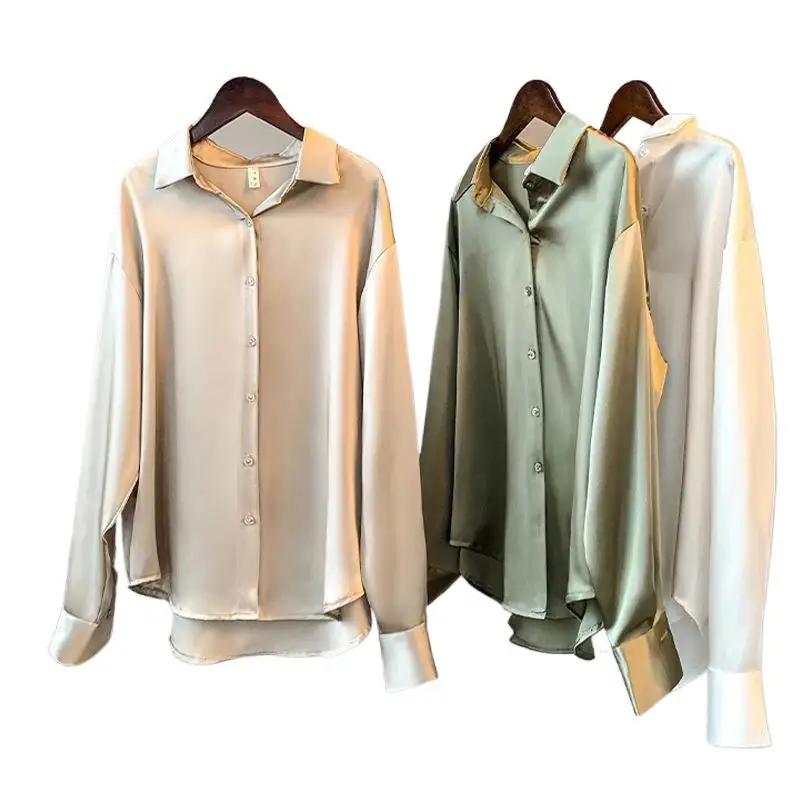 Soie coréenne bureau dames chemise élégante Blouse femmes mode boutonné chemise en Satin Vintage bla