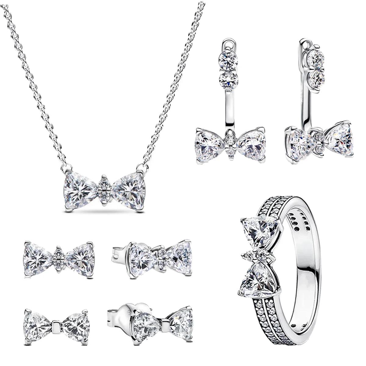 Nouveau Original 925 en argent Sterling coloré arc ensemble collier bague boucle d'oreille brillant