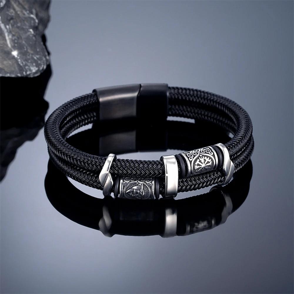 Vikings Runes Double couche Bracelet pour hommes en acier inoxydable câble métallique nordique Triqu