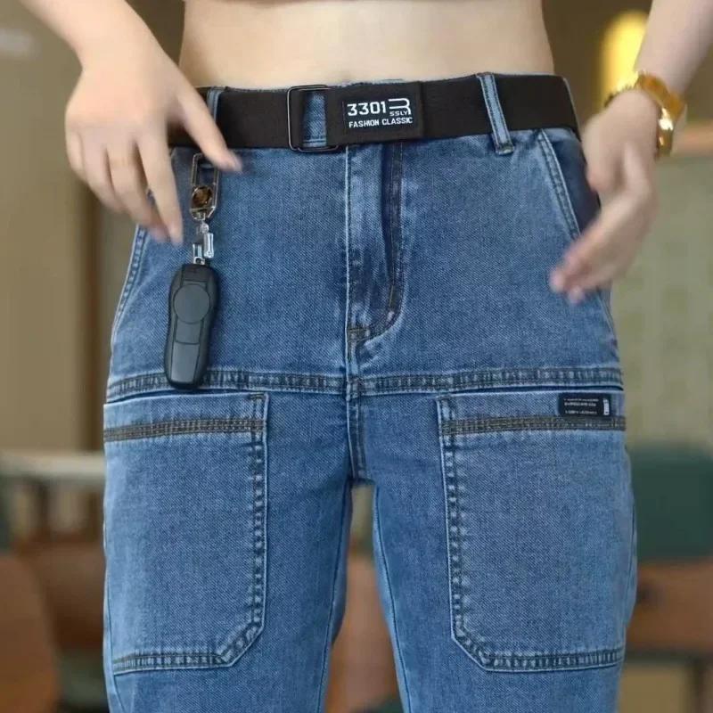 Jeans pour homme à six poches, fins, pour le printemps et l'été, coupe droite élastique, décontracté