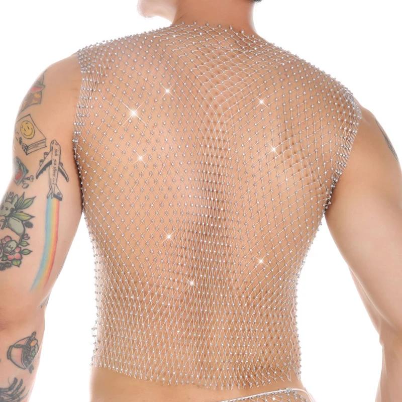 Débardeur de Fitness Transparent pour hommes, gilet en résille Sexy avec strass, hauts musculaires t