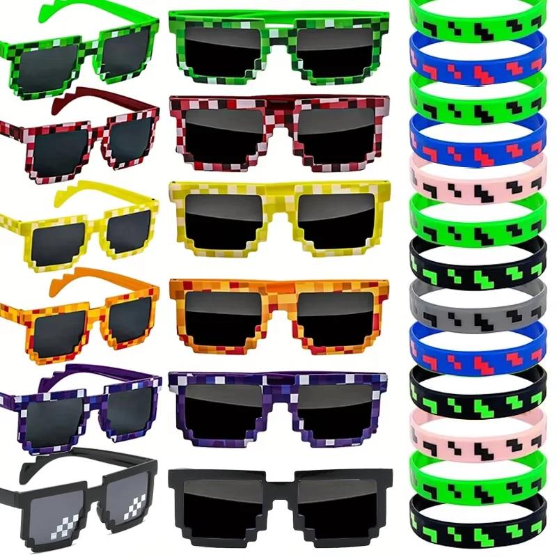 Articles de fête sur le thème des pixels, lunettes de soleil pixelisées, bracelets en silicone, déco