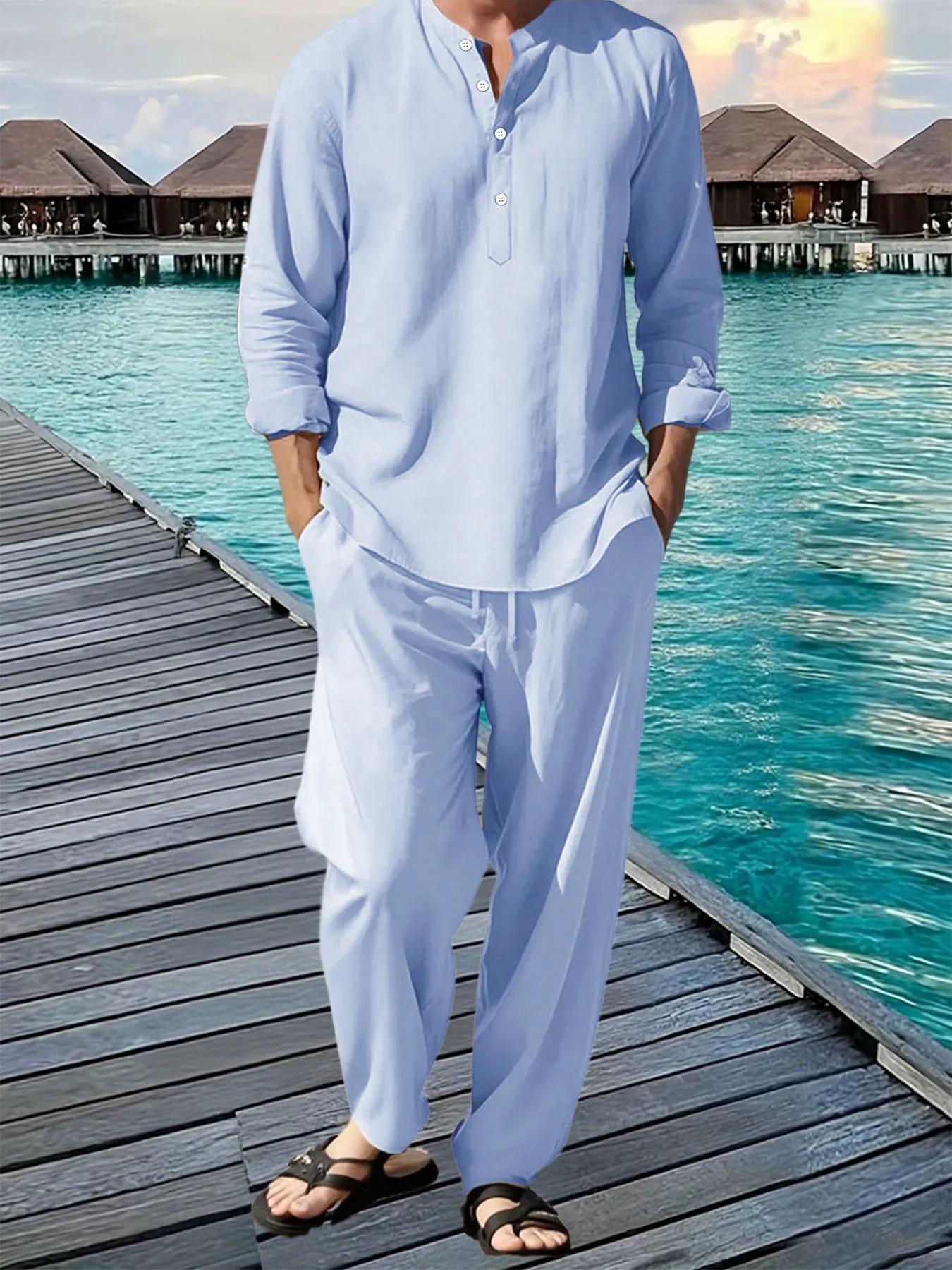Henley – costume chemise et pantalon pour hommes, léger et respirant, Streetwear, couleur unie, bout
