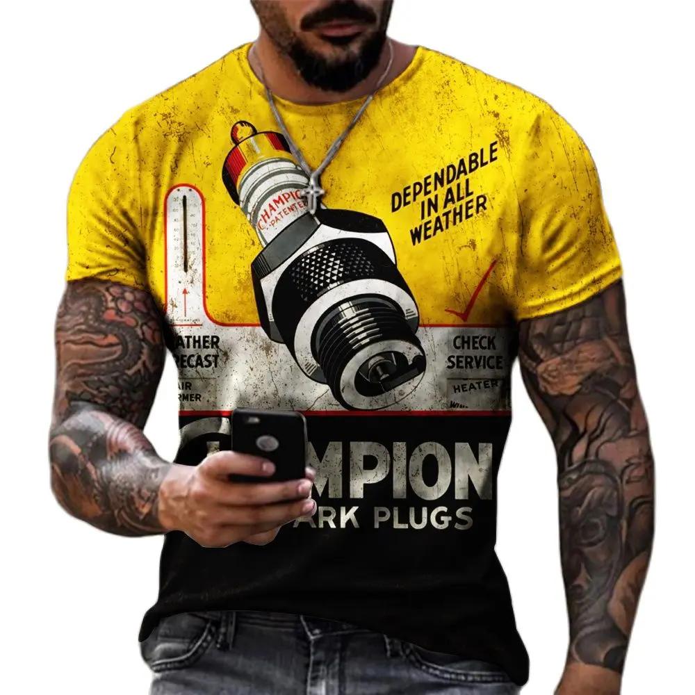 T-shirt à manches courtes imprimé 3D rétro pour hommes, t-shirts vintage, huile, décontracté, moto, 