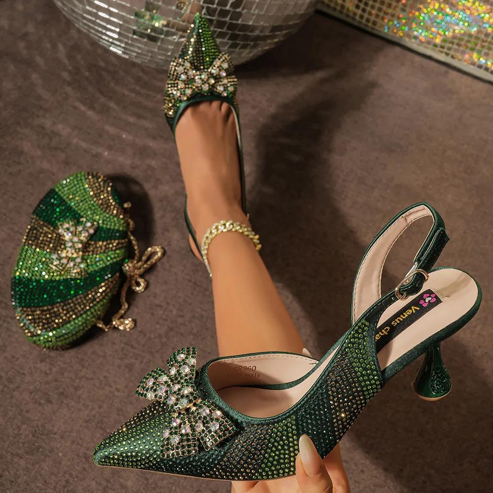 Venus Chan – chaussures et sacs à talons hauts pour femmes, couleur verte, bout pointu, strass, soir