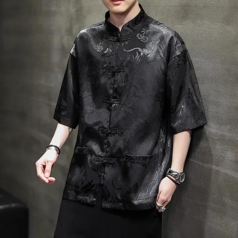Robe traditionnelle chinoise d'été de haute qualité, chemise brodée de Dragon, vêtements pour hommes