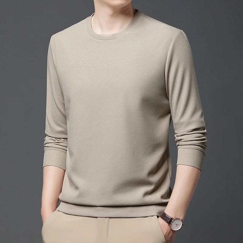 Printemps automne gaufre t-shirts pour hommes à manches longues t-shirts hauts mode solide t-shirts 
