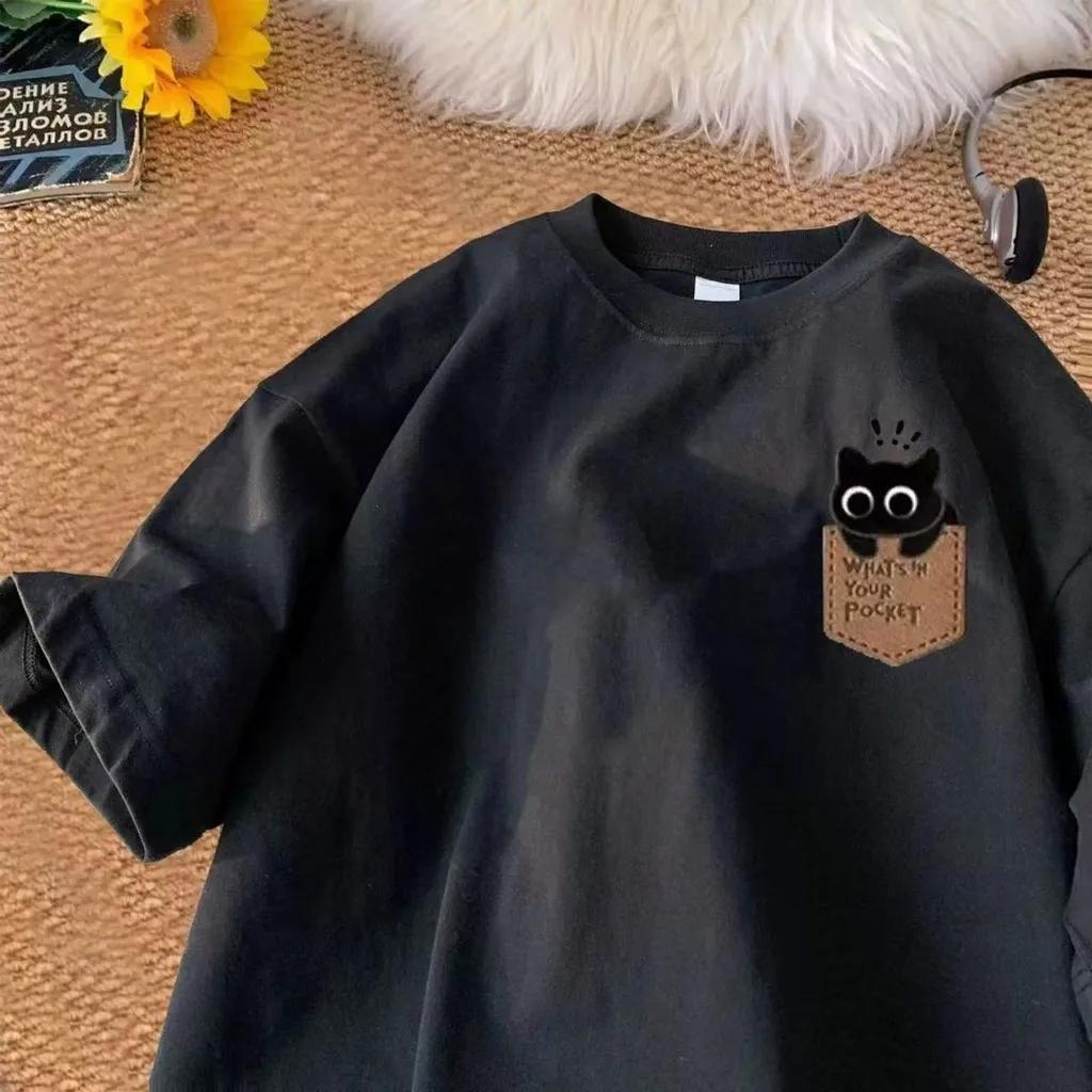 T-shirt décontracté à manches courtes style japonais-coréen, coupe ample, pour couple, motif dessin 