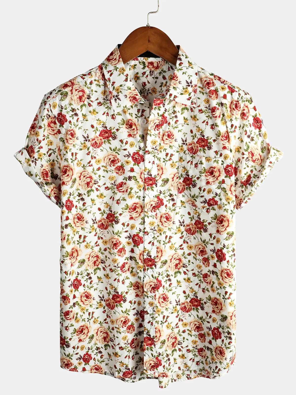 Hommes rayé décontracté vacances à manches courtes Orange été chemise boutonnée chemise hawaïenne ét