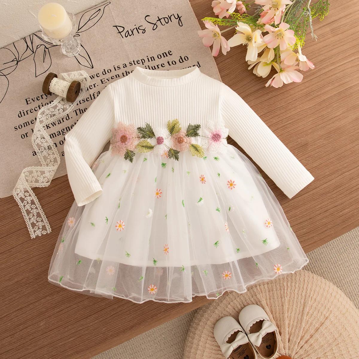 Robes de printemps et d'automne pour petites filles, en maille brodée de fleurs, robes de princesse 