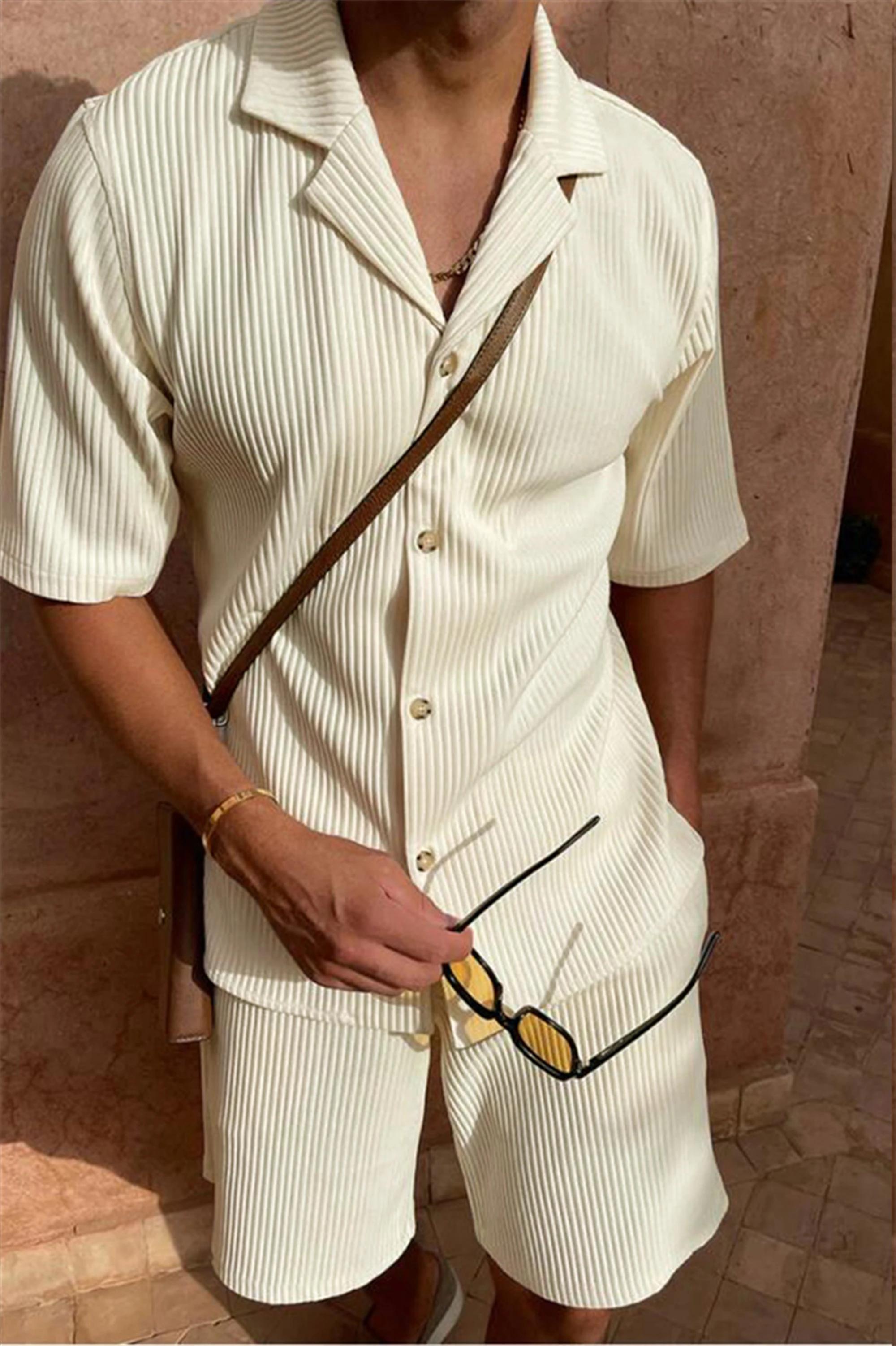 Costume printemps/été en velours côtelé de couleur unie, chemise à manches courtes et short extensib