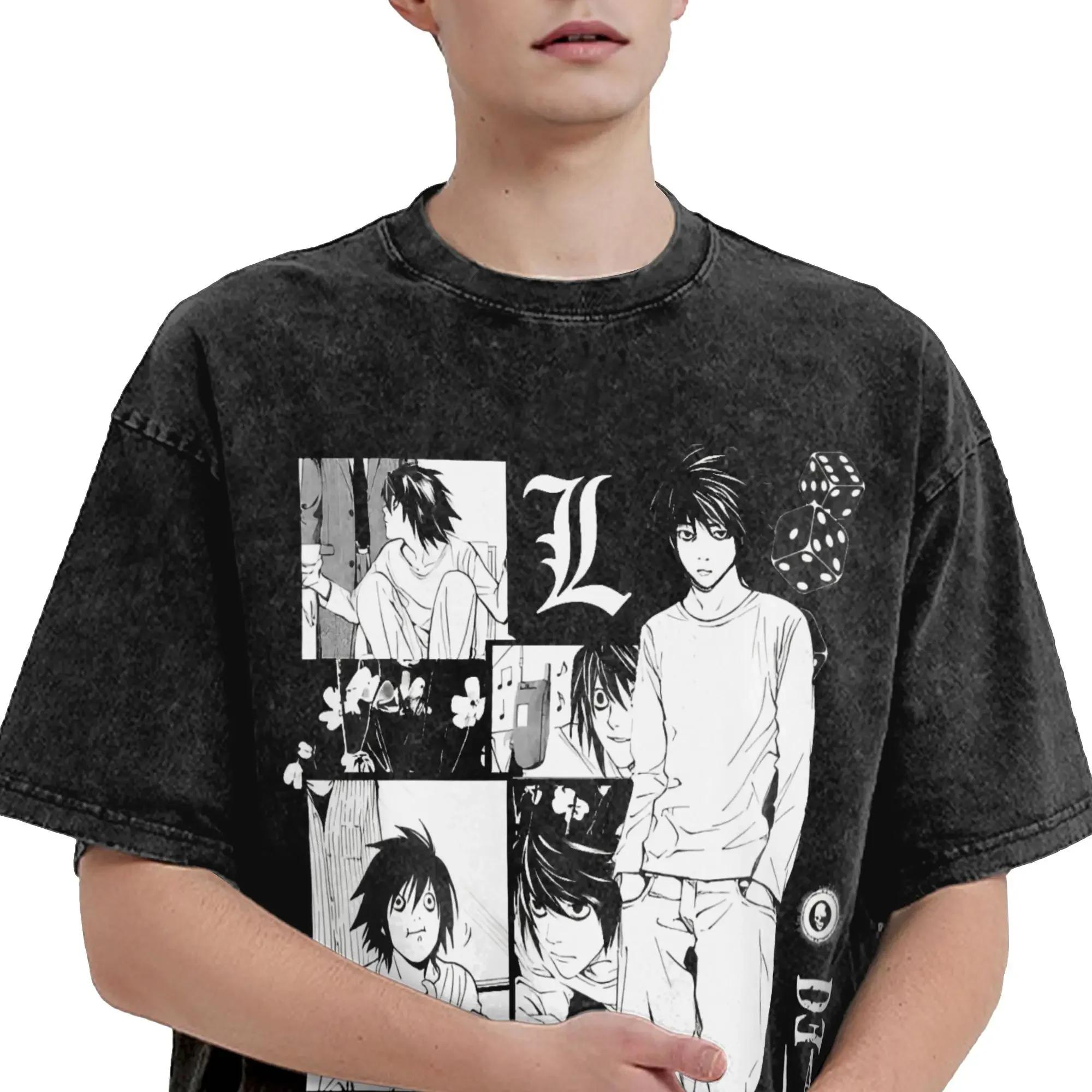 T-shirts Manga DEATH NOTE L Lawliet à imprimé graphique, T-shirts oversize délavés, T-shirt à manche