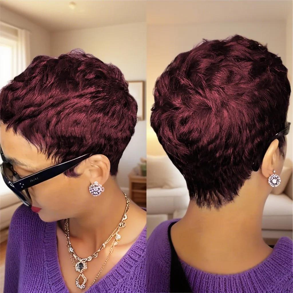 Perruque courte coupe lutin avec frange cheveux humains 180 densité pour les femmes perruque faite à